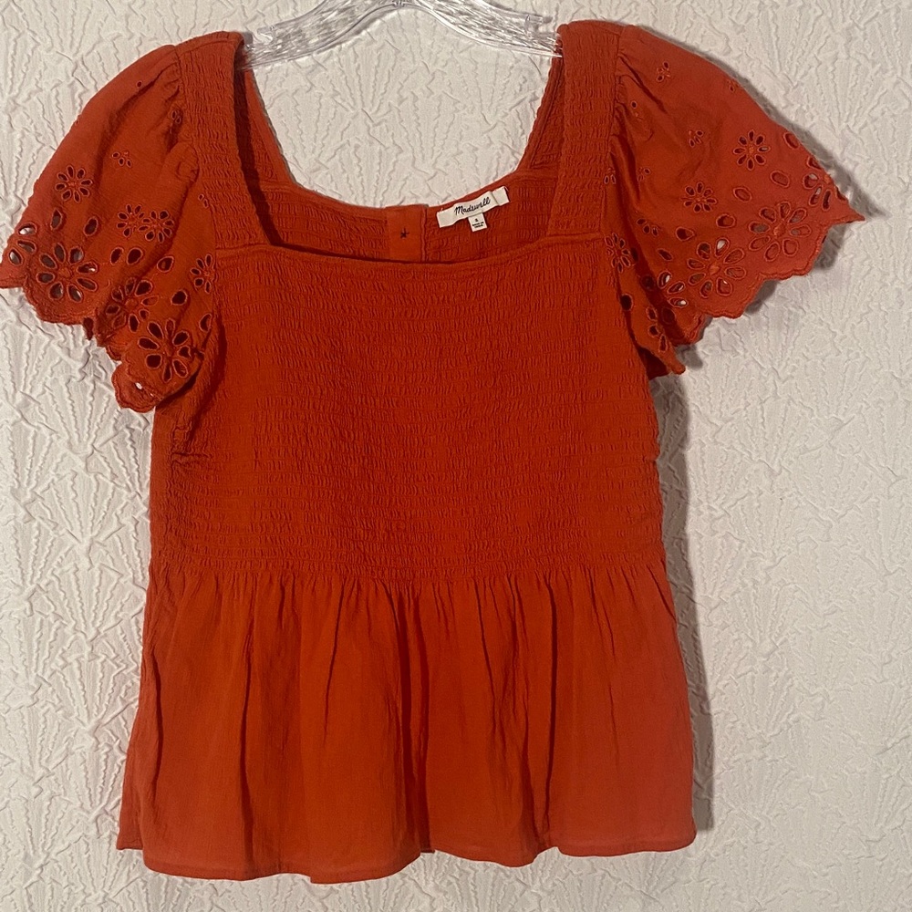 Madewell Rustic Orange Eyelet Sleeve Lucie Blouse Vintage Inspired Detail Polish